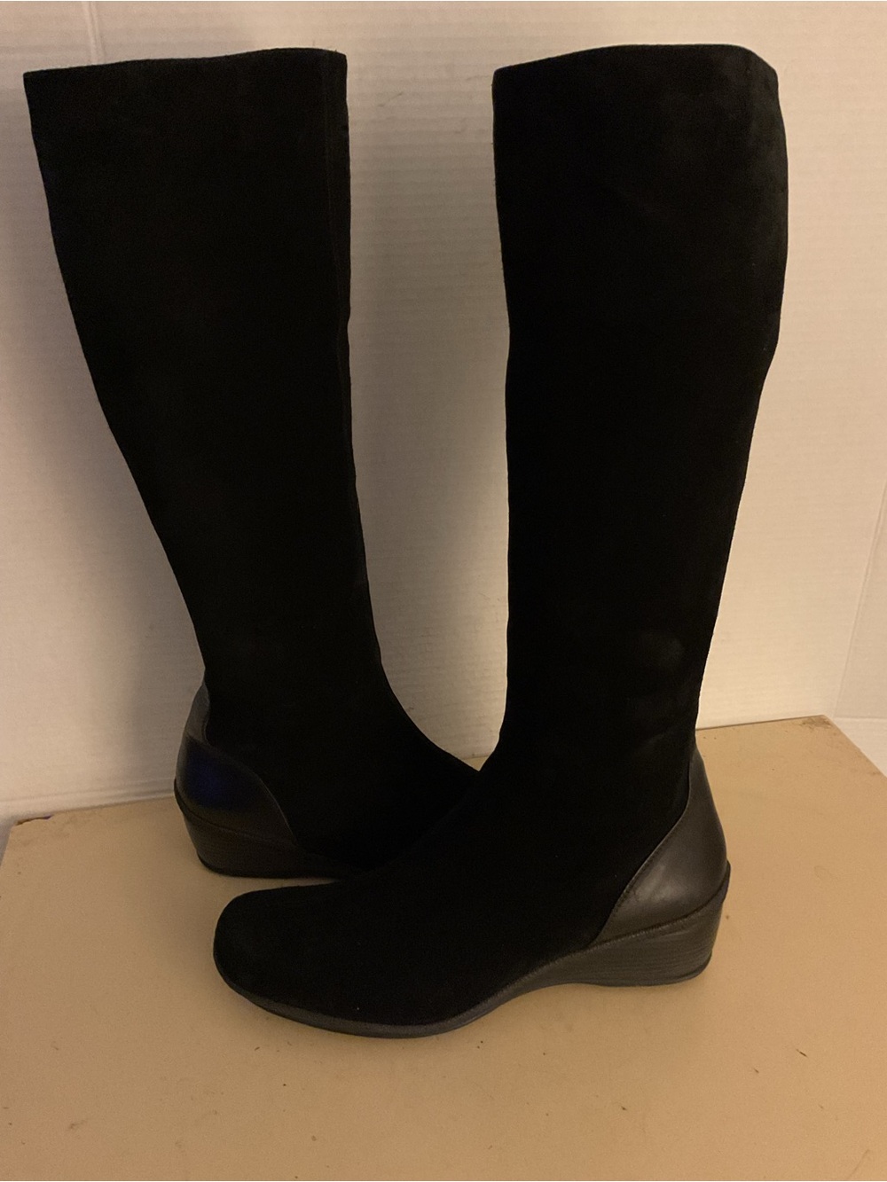Aquatalia women black suede leather tall Knee-High Wedge Boots US 11